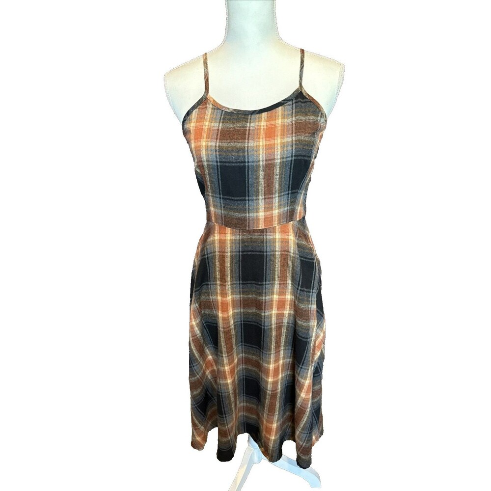 Autumn Plaid Dress Medium Retro Style Spaghetti Strap Fall Colors